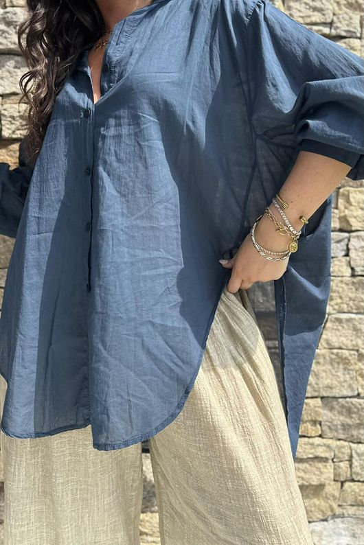 Shayle Indian Cotton Boyfriend Beach Shirt Navy